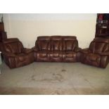 A BROWN LEATHER PART RECLINER THREE PIECE SUITE COMPRISING A THREE SEATER AND TWO CHAIRS