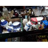 TWO TRAYS OF CERAMICS TO INCLUDE BLUE & WHITE AND A POLAR BEAR COOKIE JAR