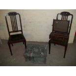 TWO ANTIQUE DINING CHAIRS, A SWIVEL MIRROR AND A COAL BOX