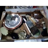 A TRAY OF ASSORTED METALWARE, DRESSING TABLE, BRUSHES ETC (TRAYS NOT INCLUDED)