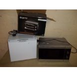 THREE ITEMS COMPRISING A RUSSELL HOBBS TABLE TOP CHILLER, A BOXED MINI OVEN AND A SHARP MICROWAVE