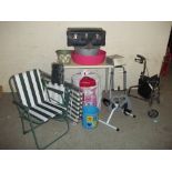 A QUANTITY OF ITEMS TO INCLUDE FOLDING CHAIRS, VINTAGE LUGGAGE CASE, SACK TRUCK, ZINC GALVANISED