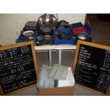 A LARGE SELECTION OF BAKING UTENSILS / METALWARE AND TWO CAFE PRICE BOARDS