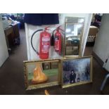 THREE GILT MIRRORS TOGETHER WITH A FRAMED PRINT OF A STREET SCENE