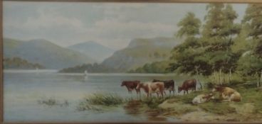 A MOUNTED PRINT DEPICTING CATTLE SIGNED HAROLD. LAWES