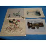 AN ORIENTAL SILK TOGETHER WITH TWO ORIENTAL PAINTINGS