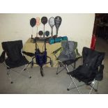 SIX ITEMS COMPRISING THREE FOLD AWAY FISHING CHAIRS, A BAG OF VINTAGE RACQUETS AND A WALKING AID