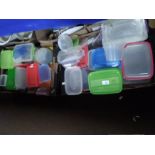 TWO TRAYS OF PLASTIC STORAGE TUBS, SANDWICH BOXES ETC.