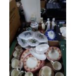 TWO TRAYS OF ASSORTED CERAMICS TO INCLUDE A BELLS WHISKEY DECANTER