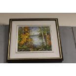 A FRAMED IMPRESSIONIST OIL ON BOARD OF A WOODED LANDSCAPE WITH LAKE SIGNED JULIA ANDREWS LOWER RIGHT