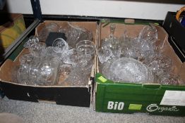 TWO TRAYS OF CUT GLASS ETC TO INCLUDE DECANTERS, JUGS, DRESSING TABLE ITEMS ETC