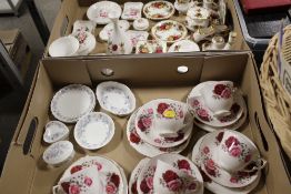 TWO TRAYS OF CERAMICS AND CHINA TO INCLUDE ROYAL ALBERT OLD COUNTRY ROSES WEDGWOOD, COALPORT ETC