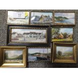 A COLLECTION OF MINIATURE GILT FRAMED OIL PAINTINGS TO INCLUDE HARBOUR SCENES, COUNTRY LANDSCAPES