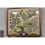 AN OAK FRAMED 20TH CENTURY NEEDLEWORK OF FLOWERS 49CM X 58CM