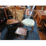 AN ANTIQUE OAK CHAIR TOGETHER WITH A VICTORIAN MAHOGANY CHAIR AND AN OAK STOOL A WALNUT NEST OF