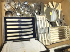 A TRAY OF SILVER PLATED FLATWARE ETC.