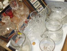 TWO TRAYS OF MOSTLY CUT GLASSWARE TO INCLUDE A PAIR OF STUDIO GLASS CANDLESTICKS SIGNED TS TO BASE