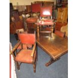 A LARGE REFECTORY OAK DRAWLEAF TABLE WITH SIX OAK AND LEATHER CHAIRS TABLE L-198 CM EXTENDED L-290