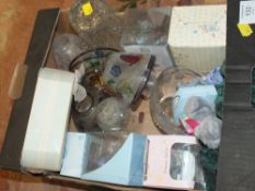 A SMALL TRAY OF GLASSWARE, MODERN TEDDY BEAR FIGURES ETC. TOGETHER WITH A BOX OF WOLVERHAMPTON