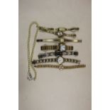 A SMALL QUANTITY OF LADIES WRISTWATCHES TOGETHER WITH A SILVER CLASP SIMULATED PEARL NECKLACE