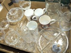 A BOX OF MOSTLY GLASSWARE TO INCLUDE A WATERFORD CRYSTAL ASHTRAY