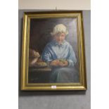 BESSIE FITTON - A GILT FRAMED OIL ON BOARD OF A SEATED LADY PEELING FRUIT 59CM X 43CM