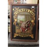 A REPRODUCTION 'COUNTRY LIFE GOOD MORNIN' SIGN, TOGETHER WITH TWO FRAMED AND GLAZED NEEDLEWORKS OF