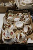 A TRAY OF ROYAL ALBERT OLD COUNTRY ROSES CHINA TO INCLUDE A TEAPOT, TRIOS ETC.