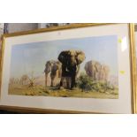 A FRAMED AND GLAZED UNSIGNED DAVID SHEPHERD PRINT OF ELEPHANTS ENTITLED ' THE IVORY IS THEIRS'