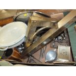 TRAY OF METALWARE TO INCLUDE A SMALL FENDER, TOGETHER WITH A TRAY OF FAIRY FIGURES ETC