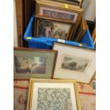 A BOX OF FRAMED AND GLAZED PRINTS TO INCLUDE A DECOUPAGE PICTURE OF FAIRIES ETC.
