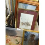 A BOX OF ASSORTED PICTURE FRAMES AND PRINTS TO INCLUDE A WALL MIRROR, TOGETHER WITH A LARGE UNFRAMED