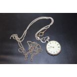 A VICTORIAN SILVER POCKET WATCH AND MUFF CHAIN