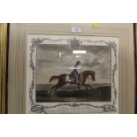 A PAIR OF FRAMED AND GLAZED COLOURED HUNTING SCENE ENGRAVINGS