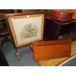 A MAHOGANY GLAZED TILT TOP TABLE / SCREEN TOGETHER WITH A FLAT PACK TEAK TABLE (2)