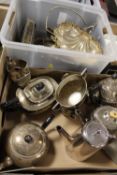 TWO TRAY OF SILVER PLATED METALWARE TO INCLUDE TEAPOTS, CIGARETTE CASE ETC