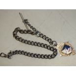 A SILVER ALBERT POCKET WATCH CHAIN WITH ENAMEL FOB