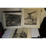 THREE MOUNTED LITHOGRAPHS MUIRHEAD BONE" TITLED "A FITTING-OUT BASIN", "A WORKSHOP"