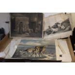 A TRAY OF UNFRAMED ENGRAVINGS, ETCHINGS AND PRINTS ETC, various artists and subjects