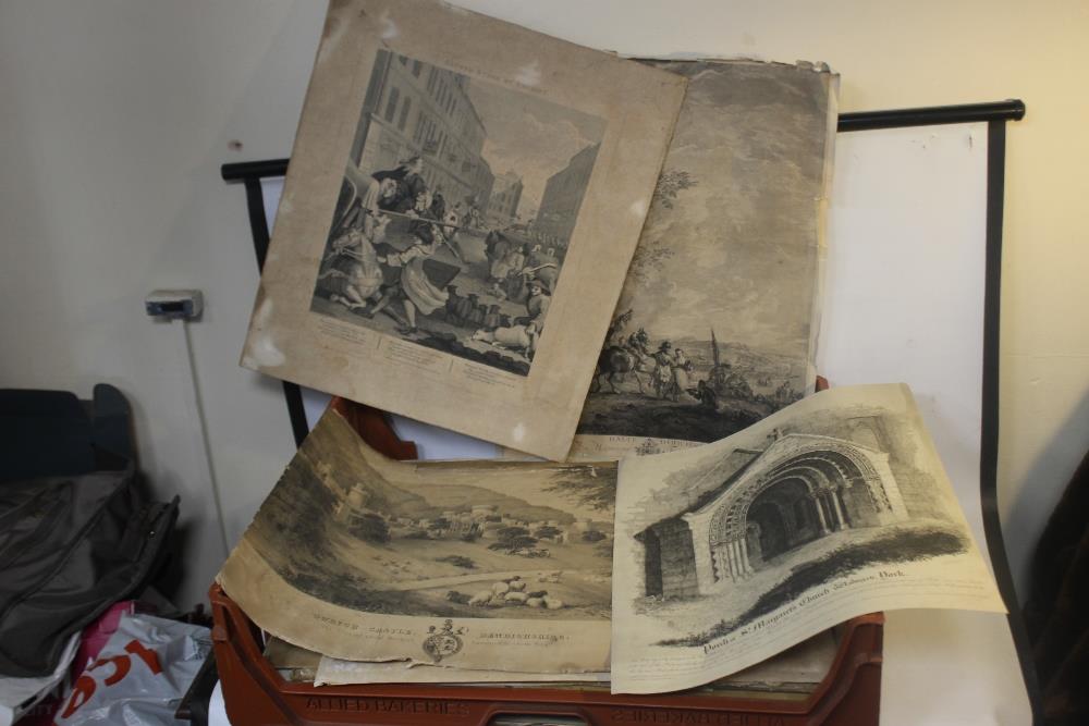 A TRAY OF UNFRAMED ETCHINGS AND ENGRAVINGS, various artists and subjects to include S. Rayner, H.