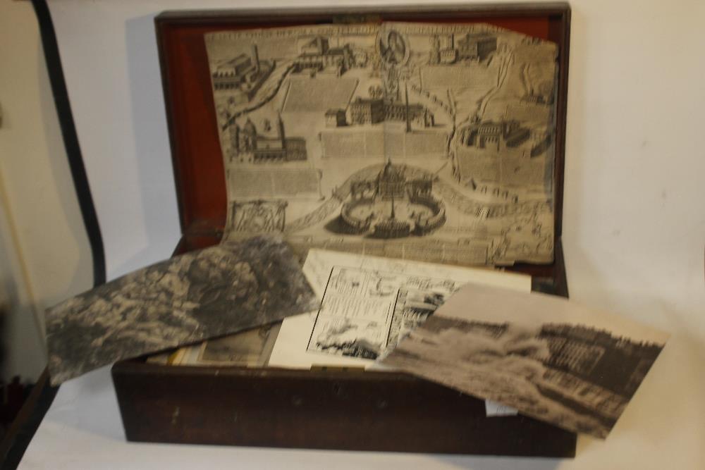 A WOODEN BOX OF ENGRAVINGS, PRINTS AND EPHEMERA, to include a "Savage Club" 1915 menu,