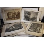 A TRAY OF UNFRAMED ENGRAVINGS AND ETCHINGS ETC., various artists and subjects