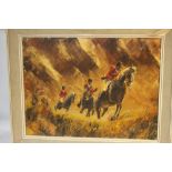 LEMONNIER, 20TH CENTURY IMPRESSIONIST, stormy landscape with huntsmen on horseback, signed lower