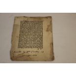 A SINGLE BOOK LEAF OF GOTHIC STYLE SCRIPT with handwritten inscription reading "printed by Wm