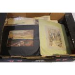 A BOX OF ASSORTED PICTURES AND PRINTS, to include watercolours, drawings, prints, various ephemera