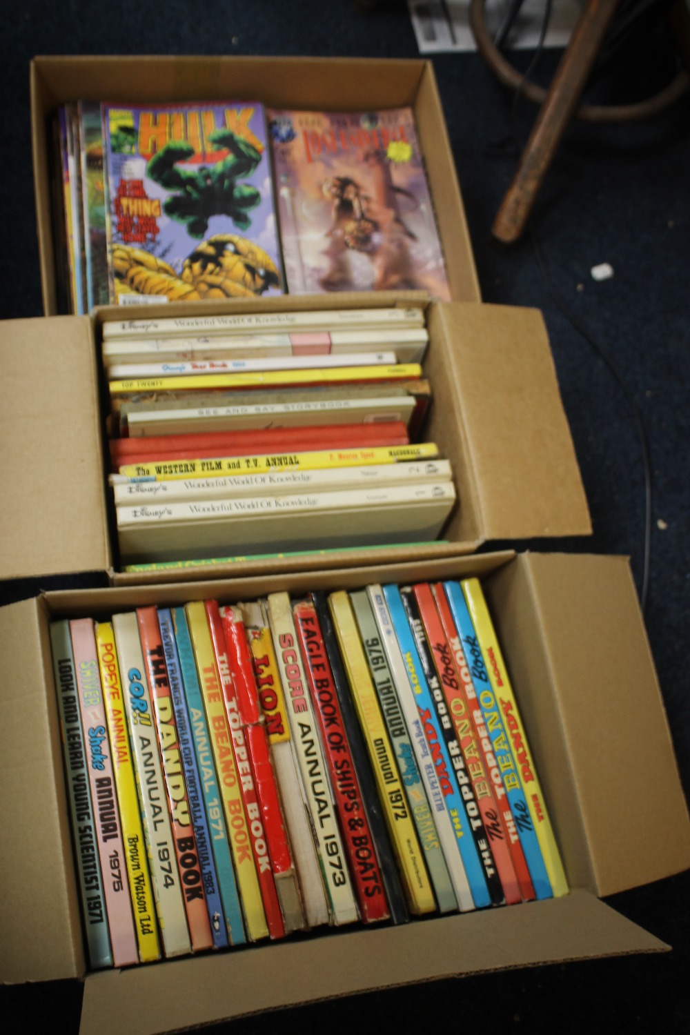 TWO BOXES OF ANNUALS to include Beano, Dandy, Fantastic Four etc. together with a box of mainly