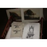 A TRAY OF UNFRAMED ENGRAVINGS AND ETCHINGS ETC., various artists and subjects