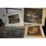 A TRAY OF UNFRAMED ENGRAVINGS AND ETCHINGS ETC., various artists and subjects