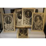 A BOX OF ANTIQUE PRINTS AND ENGRAVINGS with a selection of portraits of various Kings & Queens,