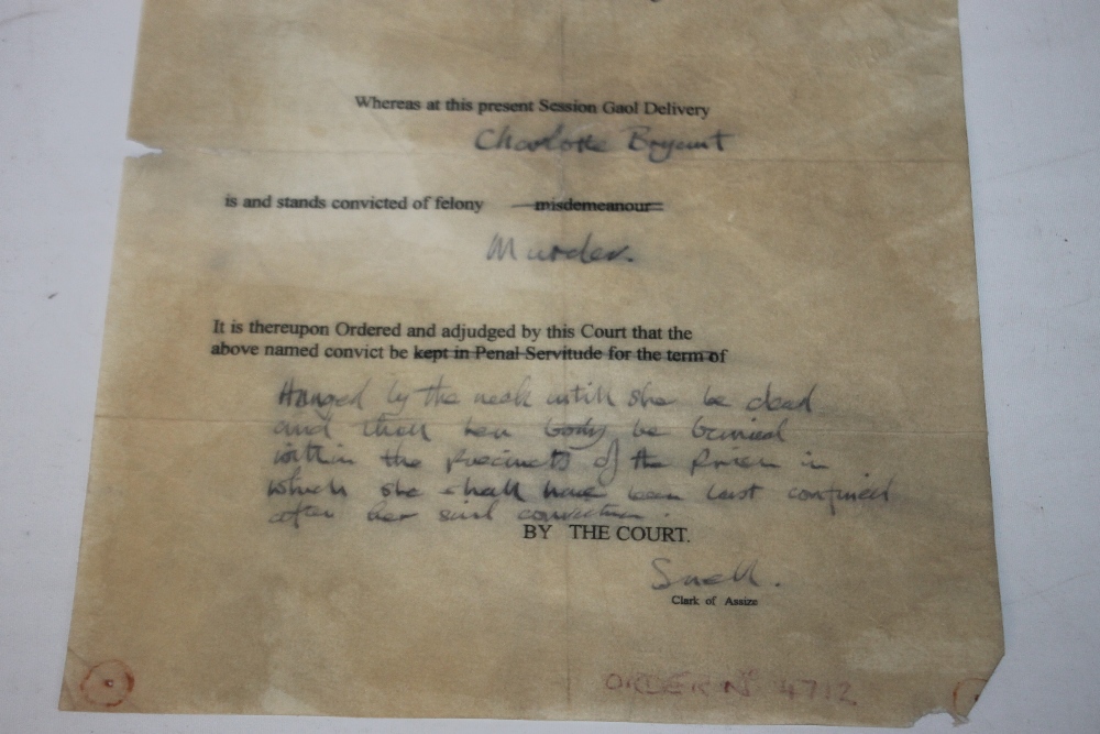 A DOCUMENT ORDERING THE HANGING OF CHARLOTTE BRYANT: "County of Dorset, At The assizes and - Image 3 of 4